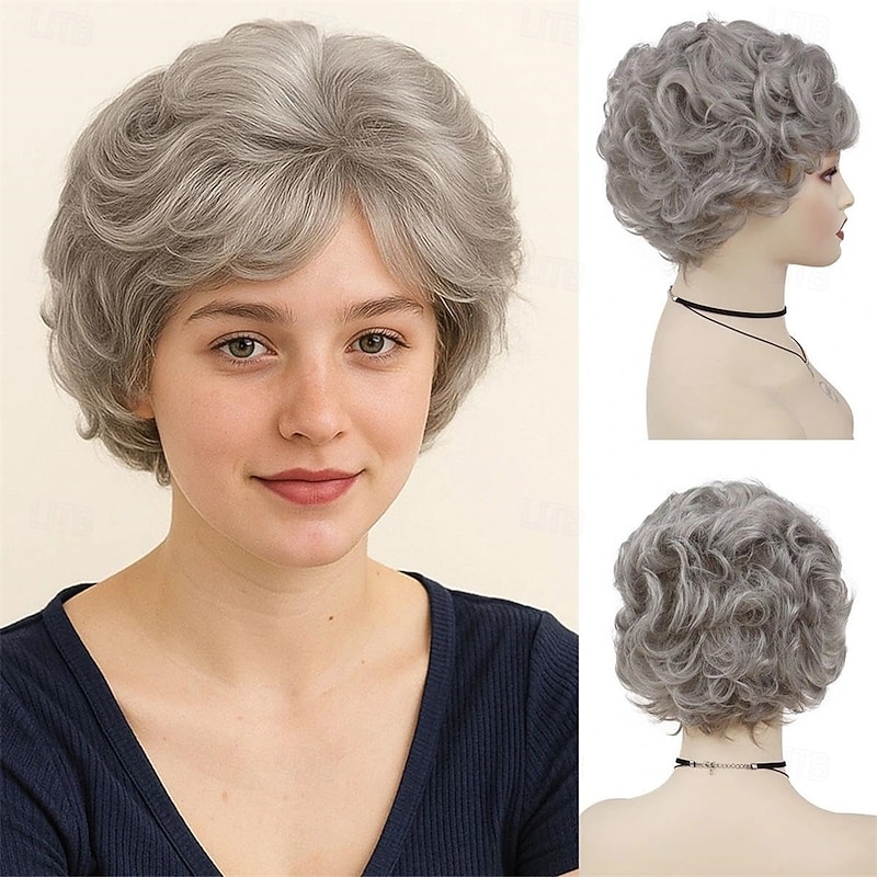 Synthetic Short Grey Curly Wigs for Senior Women Silver Grey Hair Layered Pixie Cut Hair Wig with Bangs Fluffy Wavy Wigs Old Lady Daily Granny Halloween Costume Party