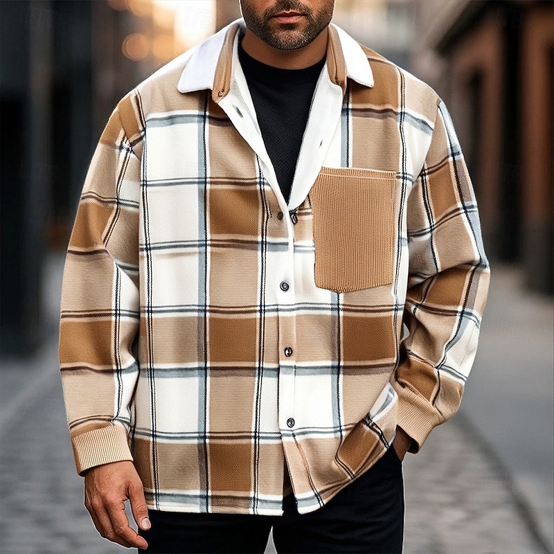 Men's Shacket Shirt Jacket Winter Jacket Plaid Vacation Daily Wear Black Khaki Long Sleeve Lapel Fall Winter Clothing Apparel Pocket