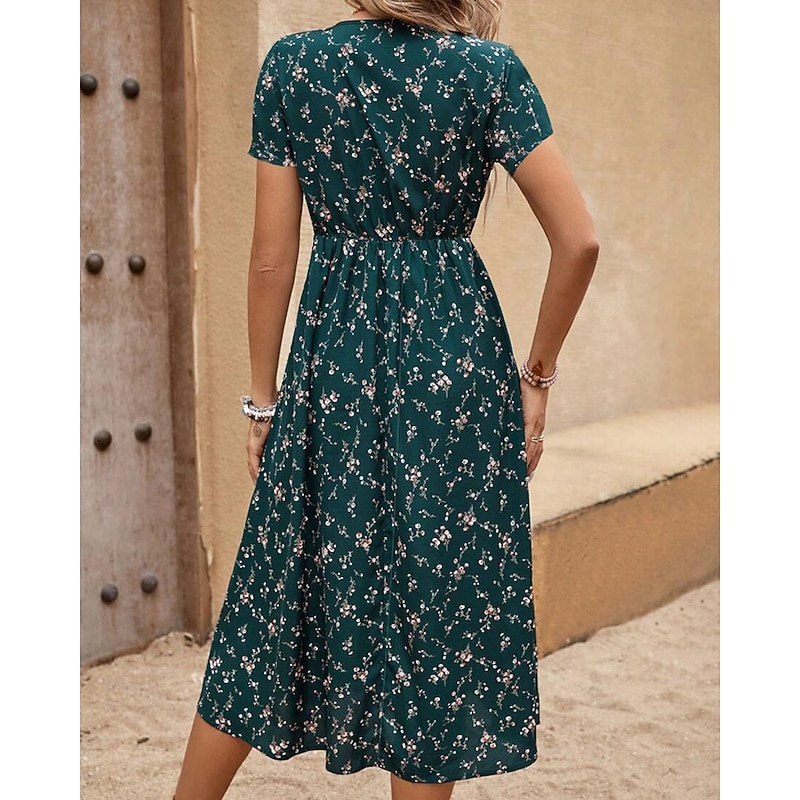 Women's Midi Dress Floral Dress Print Dress Classic Modern Outdoor Vacation Holiday Regular Fit Flower Short Sleeve V Neck Black Royal Blue Brown Green Summer3