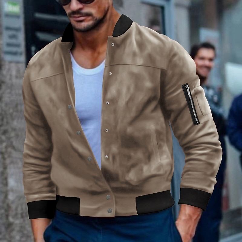 Men's Bomber Jacket Casual Jacket Suede Jacket Vacation Daily Warm Pocket Fall Winter Plain Fashion Classic Stand Collar Regular Black Red Navy Blue Brown Green Jacket