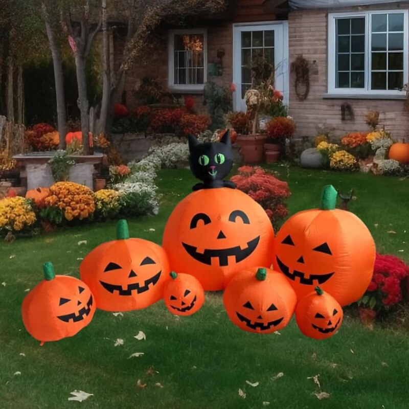 1 Pc Halloween 2.3-meter Seven Pumpkin Black Cat Inflatable Air Model Indoor and Outdoor Courtyard Garden Lawn Party Atmosphere Decorative Lamp US/EU/UK/AU Plug4