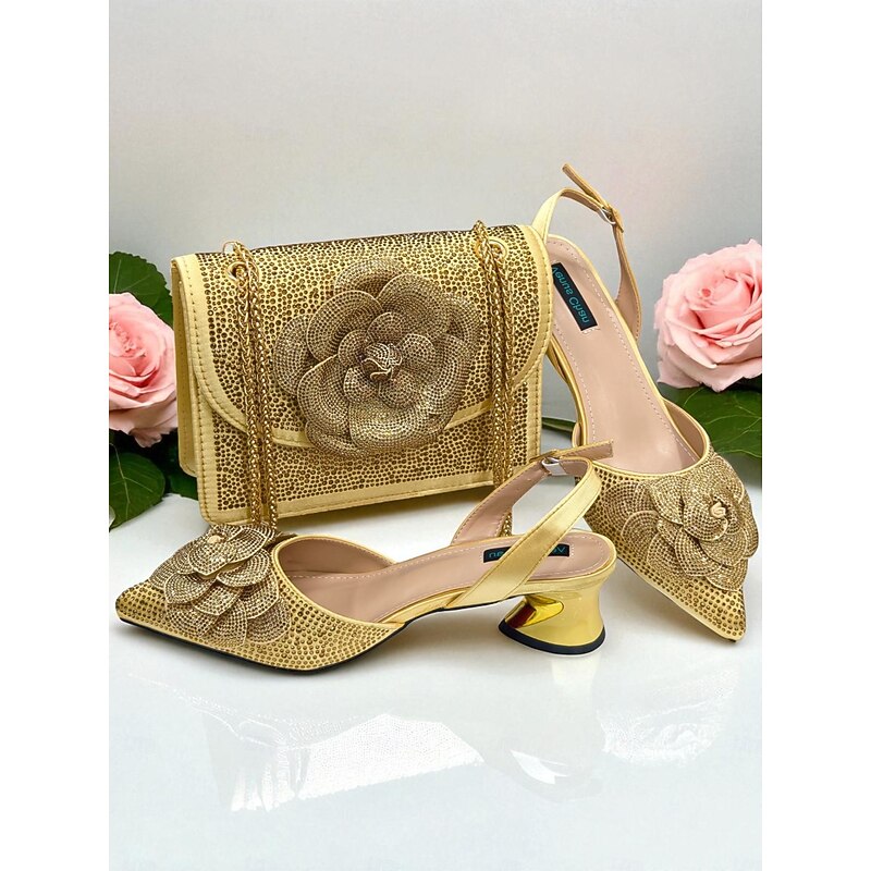 Women's Gold Rhinestone Slingback Pumps with Matching Handbag Set - Elegant Floral Design Dress Shoes and Bag for Formal Events and Cocktail Parties