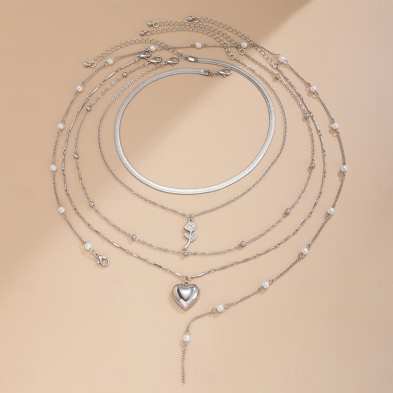 Pendant Necklace Silver Rhinestones Women's Elegant Punk Tassel Layered Heart Flower Shape Wedding Y Shaped Necklace For Wedding Party Street3