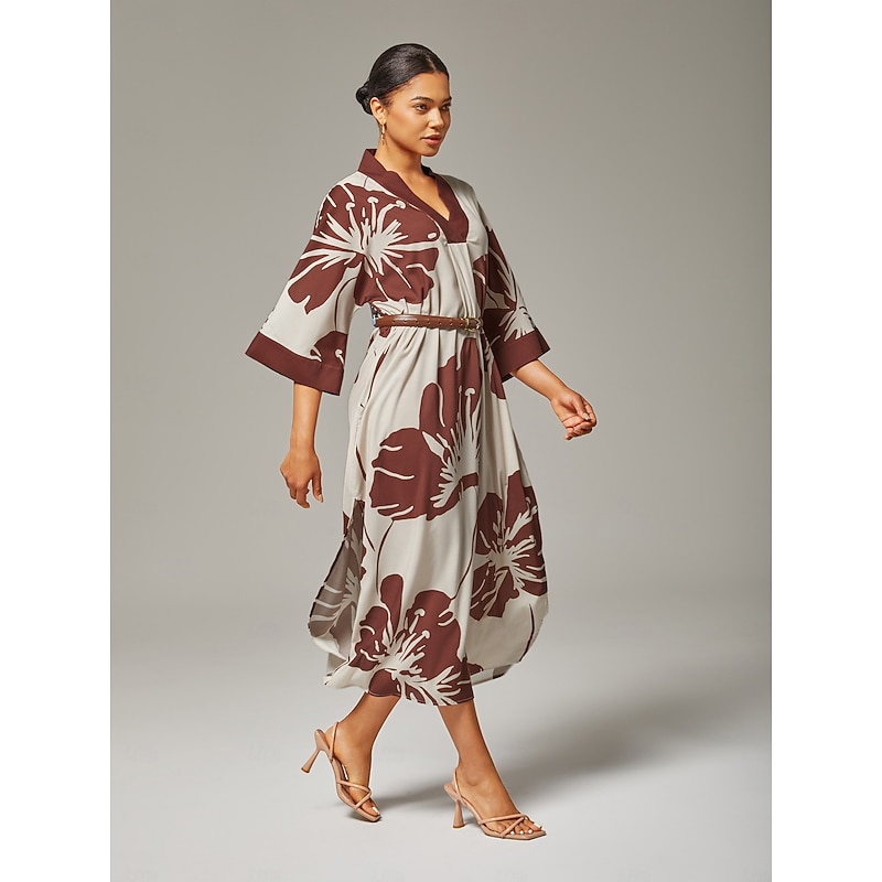 Women Female Casual Dress Brown Short Sleeves 3/4 Sleeve Floral Summer Spring All Seasons V Neck Modern XS S M3