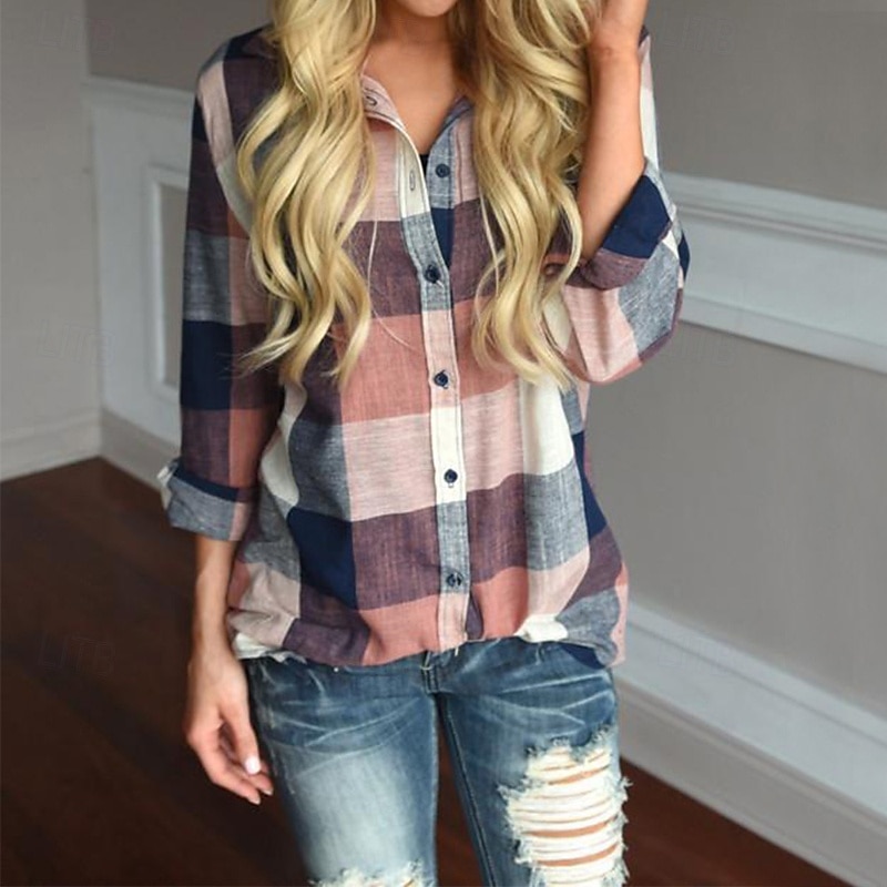 Women's Shirt Blouse Plaid Modern Casual Long Sleeve Shirt Collar Regular Tops Daily Going out Print Blue Orange Fall