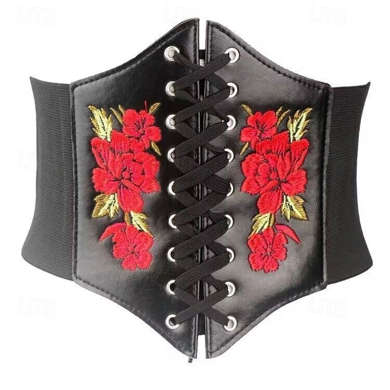 Women's Belt PU Black Wide Belt Daily Holiday Floral2