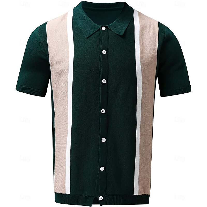 Men's Knit Polo Sweater Polo Shirts Street Casual Turndown Classic Short Sleeve Old Money Style Color Block Striped Button Front Summer Spring Fall Regular Fit Green Knit Polo Sweater2