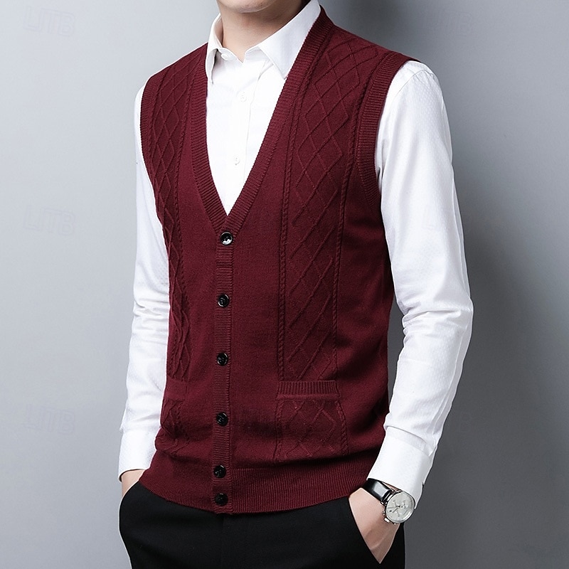 Men's Sweater Dress Sweater Cardigan Sweater Knit Sweater Ribbed Knit Regular Tops Knitted Ribbed Plain V Neck Fashion Shawls Casual Daily Wear Clothing Apparel Fall Winter Burgundy Light Grey M L XL4
