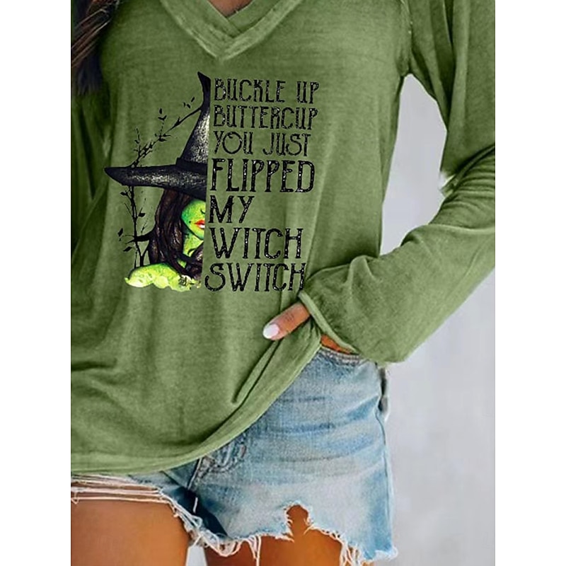 Halloween Women's T shirt Witch Graphic Letter Vintage Stylish Classic Long Sleeve V Neck Regular Tops Daily Print Red Dusty Blue Green Gray Spring Fall3