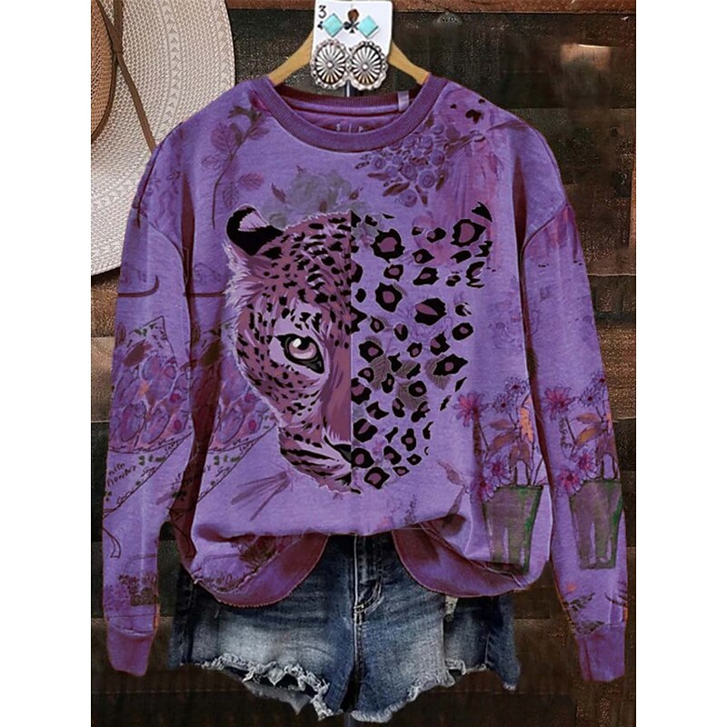 Women's Sweatshirts Graphic Leopard Casual Long Sleeve Crew Neck Regular Tops Street Dailywear Casual Print Purple Orange Green Spring Fall Winter2