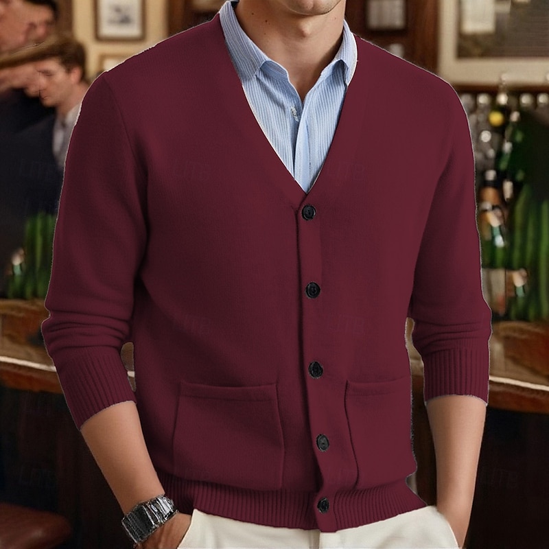 Men's Cardigan Sweater Cropped  Sweater Knit Sweater Ribbed Knit Regular Tops Pocket Plain V Neck Fashion Classic Vacation Daily Wear Clothing Apparel Fall Winter Wine Red Black M L XL4