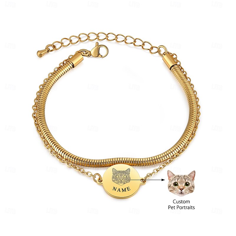 Personalized Pet Photo Memorial Bracelet, Custom Laser Engraved Double Chain Stainless Steel Wristband, Gold/Silver Keepsake Jewelry Gift for Mom, Dad, Couples3
