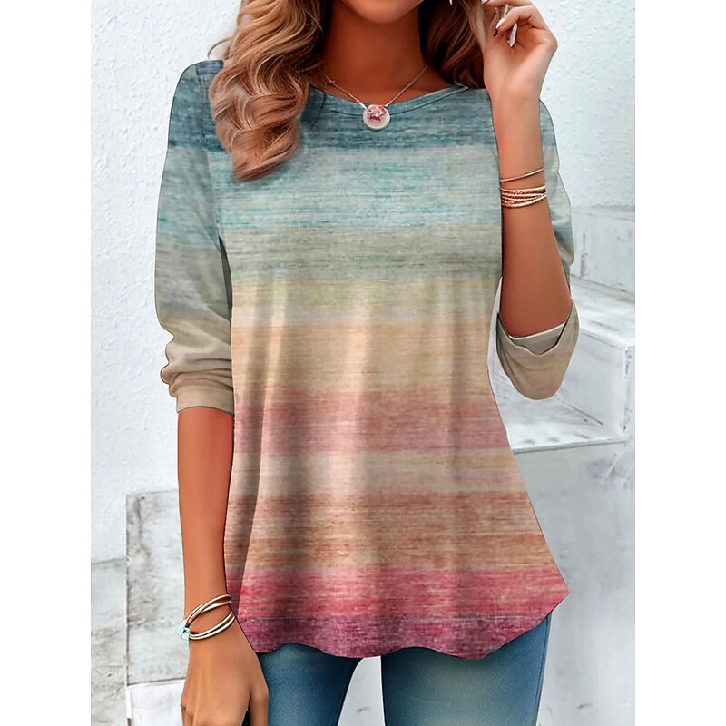 Women's T Shirt Graphic Striped Vintage Stylish Classic Long Sleeve Crew Neck Regular Tops Daily Print Yellow Pink Blue Spring Fall Winter3