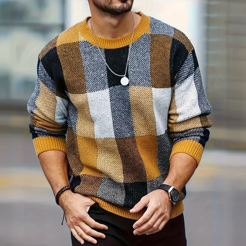 Men's Plaid Color Block Pullover Sweater Jumper Knitwear Crewneck Casual Vacation Home Daily 3D Print Knitting Keep Warm Long Sleeve Spring Fall Winter Yellow
