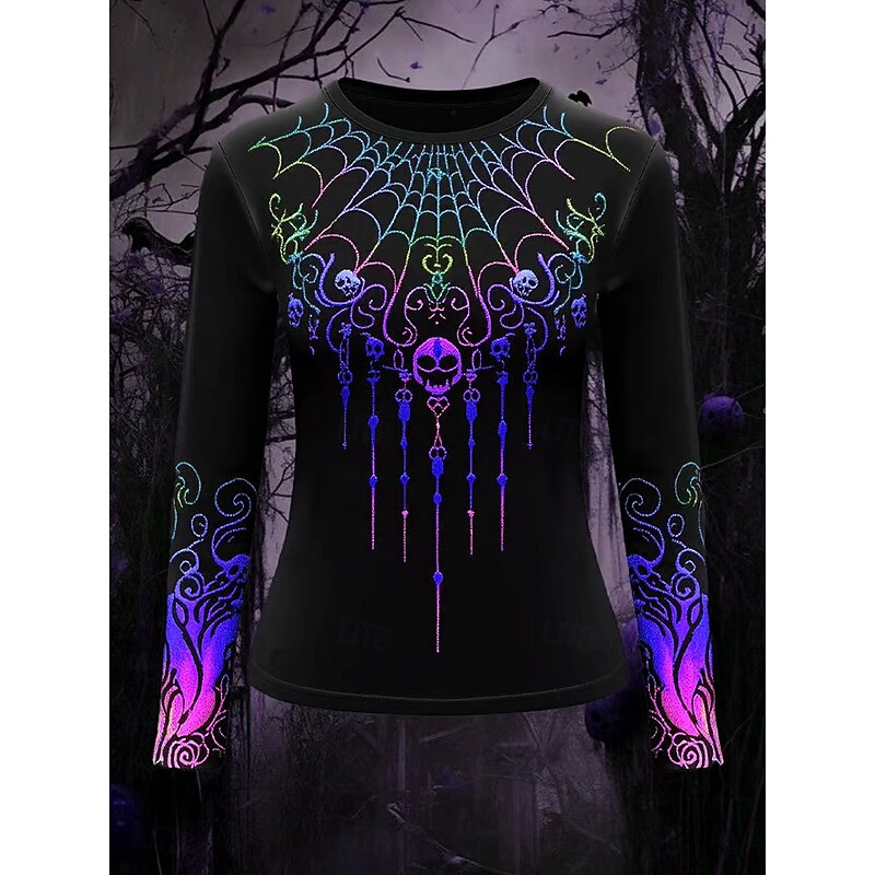 Halloween Women's T Shirt Graphic Skull Vintage Fashion Stylish Long Sleeve Crew Neck Regular Tops Daily Weekend Print Blue Purple Orange Green Spring Fall Winter2