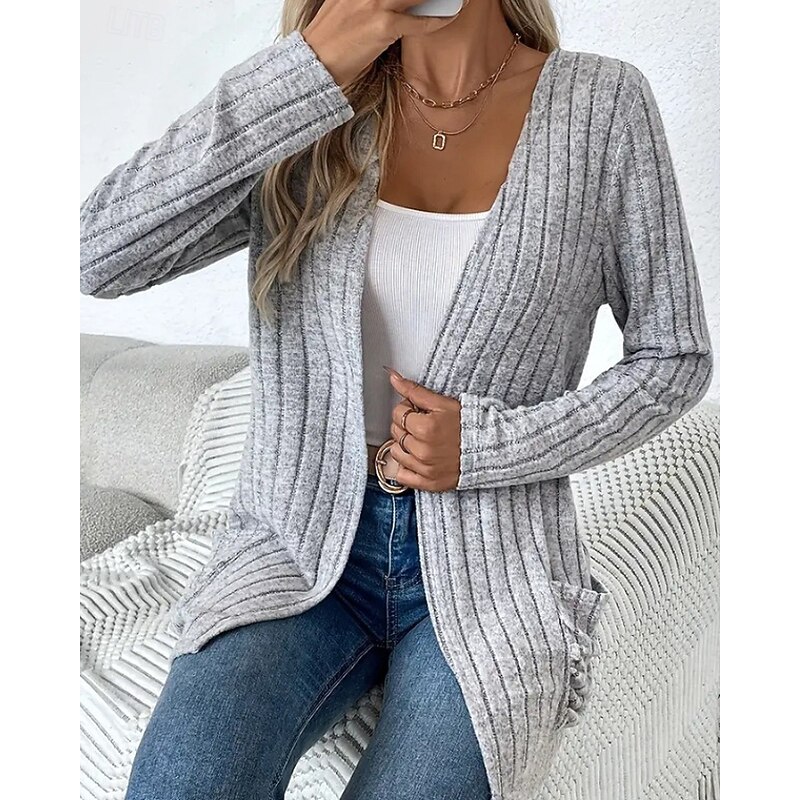 Women's Cardigan Casual Solid Color Cable V Neck Pocket Knitted Long Sleeve Regular Tops Knit Holiday Going out Weekend Gray Fall4