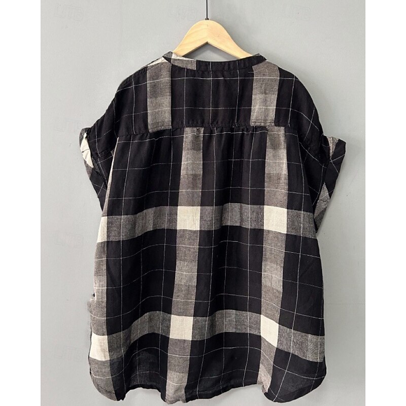 Women's Shirt Linen Shirt Blouse Plaid Modern Casual Long Sleeve Crew Neck Regular Tops Holiday Going out Pocket Buttons Black Fall2