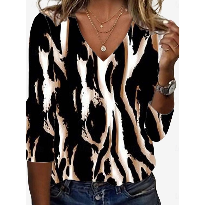 Women's Tunic T Shirt Leopard Color Block Letter Vintage Stylish Casual Long Sleeve V Neck Regular Tops Daily Sports Weekend Print Gray / Red White / Black Fall2
