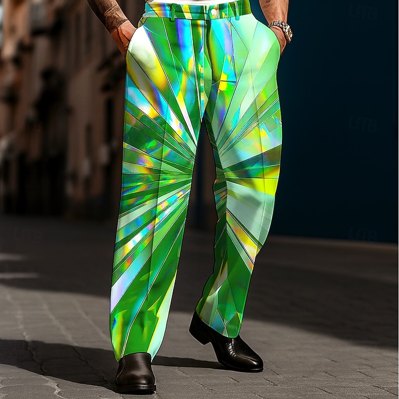 Men's Geometric Optical Illusion Laser Dress Pants Trousers Suit Pants Mid Waist Casual Holiday Streetwear Relaxed Fit Flat Front Dress Pants with Side Pockets Spring Fall 3D Print Blue Green4
