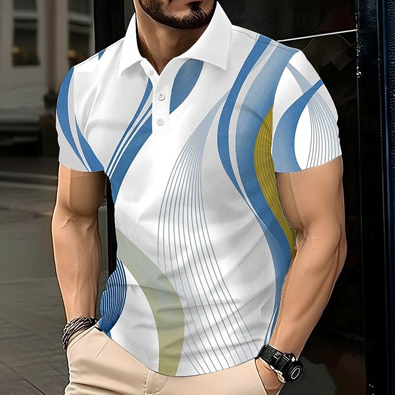 Men's Geometic Line Polo Short Sleeve Polo Shirts Lapel Business Casual Business Athleisure 3D Print Buttons Summer Blue Purple Gold