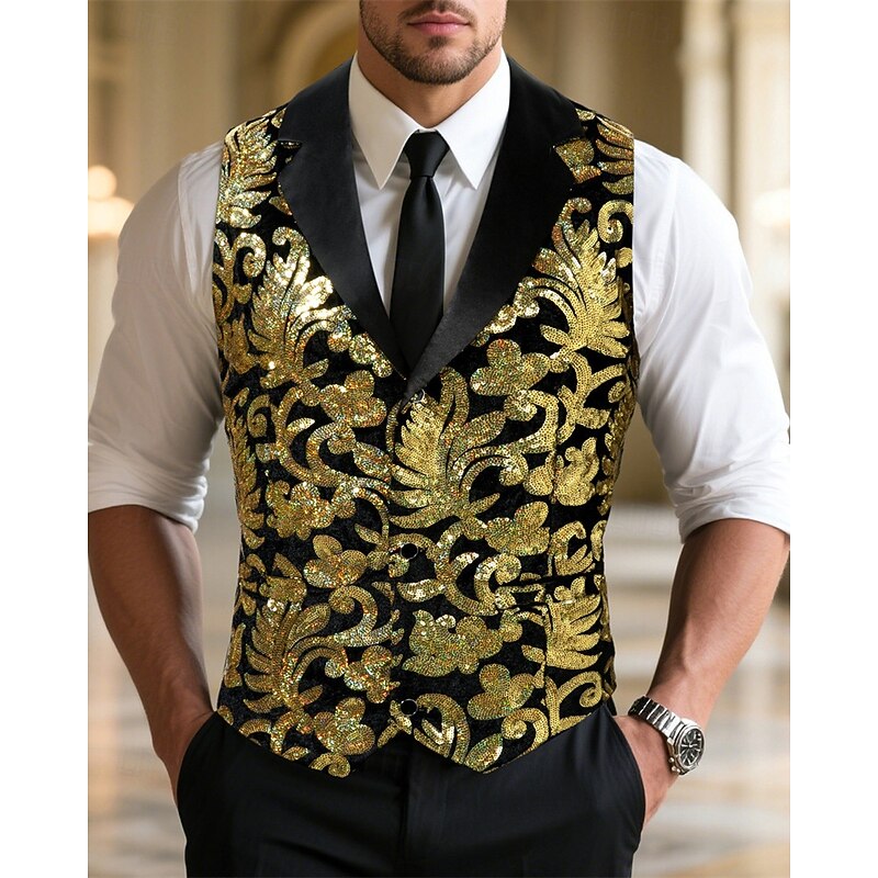 Men's Vest Waistcoat Gilet Vacation Party Business Fashion Casual Spring Fall Pocket Buttons Sequin Polyester Comfortable Flocking Single Breasted One-button Peaked Lapel Regular Fit Gold Vest