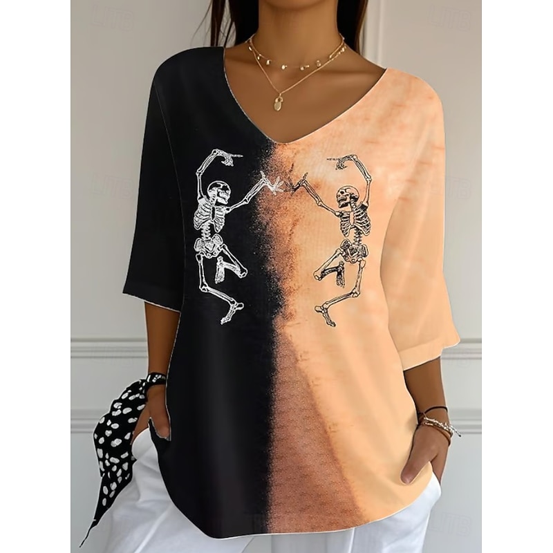 Halloween Women's Boho T-shirt Graphic Animal Cat Elegant Bohemia Vintage Half Sleeve V Neck Regular Tops Daily Going out Weekend Black Pink Purple Orange Brown Summer Spring Fall