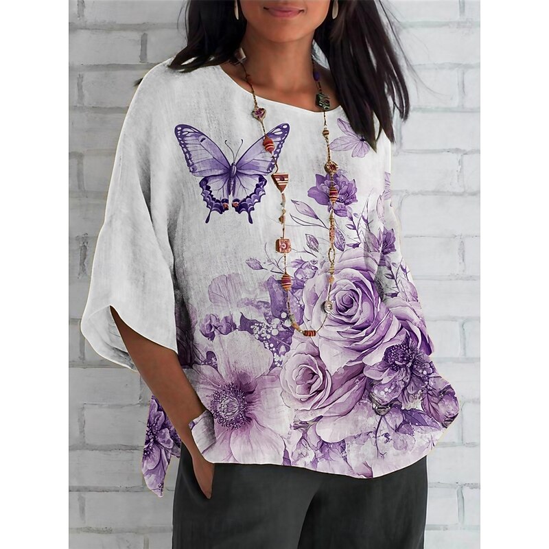 Women's Shirt Floral Butterfly Daily Casual 3/4 Length Sleeve Crew Neck Regular Tops Daily Holiday Print White Purple Summer Spring Fall3