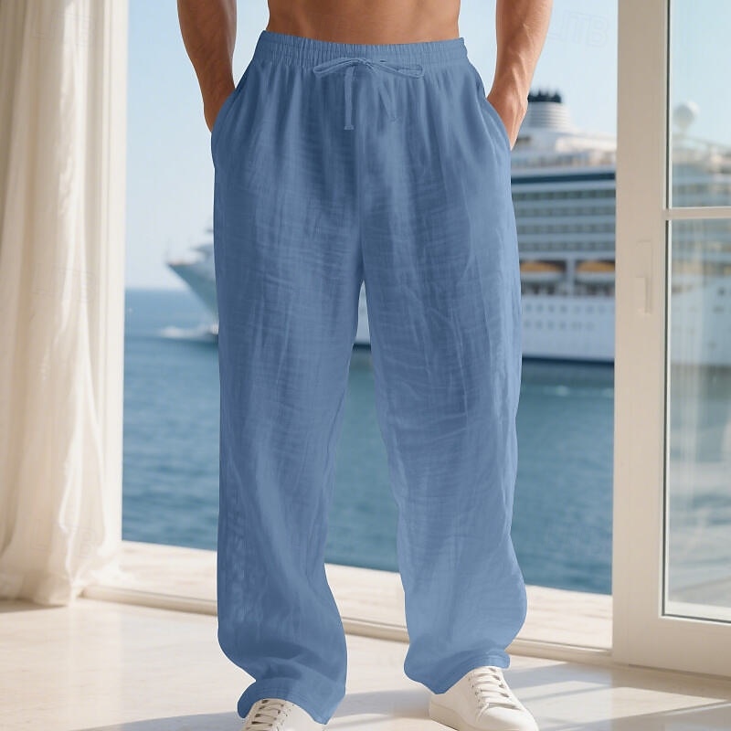Men's Linen Pants Trousers Summer Pants Baggy Pants Drawstring Elastic Waist Straight Leg Plain Comfort Breathable Full Length Home Daily Holiday Vacation Fashion Denim Blue Light Green Inelastic