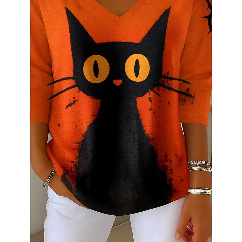 Halloween Women's Blouse Cat Vintage Stylish Classic Long Sleeve V Neck Regular Tops Daily Print Orange Fall Winter3