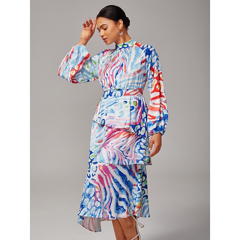 Women's Watercolor Leopard Print Chiffon Tiered Dress Raglan Sleeve Asymmetrical Layered Hem Elegant Stylish Casual Bold Print Daily Work Fall2