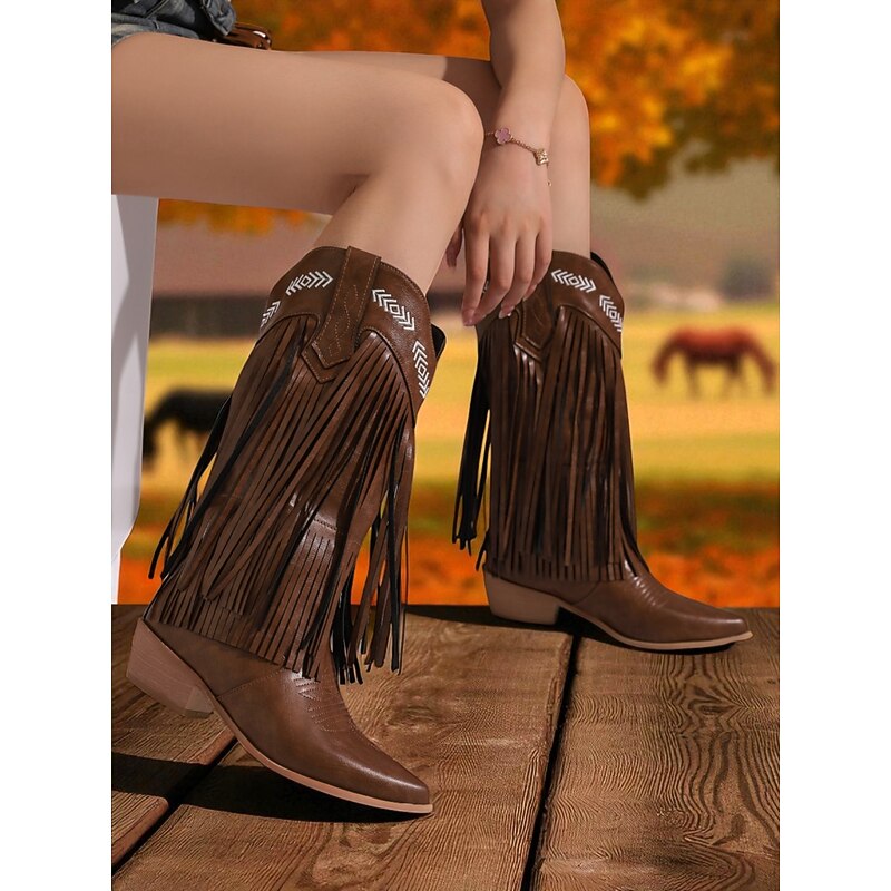 Women's Brown Faux Leather Fringe Cowboy Boots – Western Embroidered Mid-Calf Boots with Square Toe and Low Heel, Boho Country Style for Rodeos, Music Festivals, and Autumn Winter Outfits