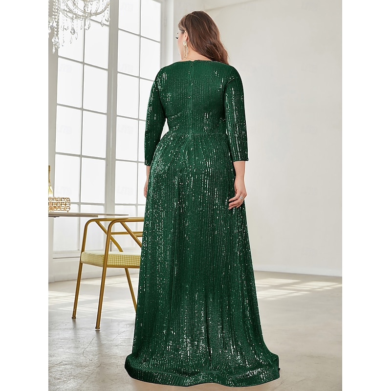 A-Line Party Dresses Elegant Dress Formal Floor Length Long Sleeve V Neck Fall Wedding Guest Sequined with Glitter Sequin2