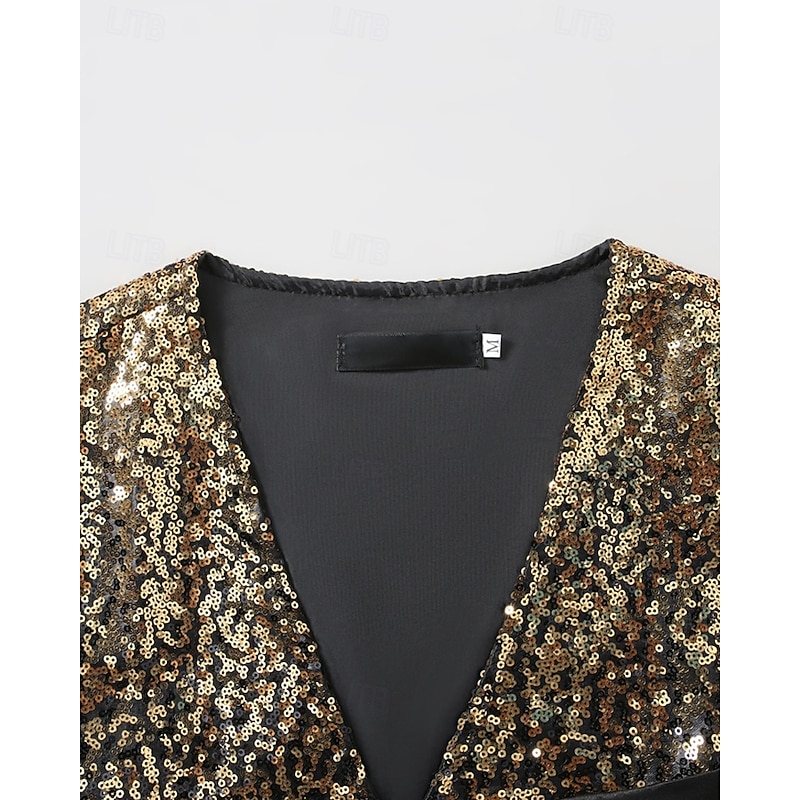 Men's Vest Waistcoat Gilet Vacation Party Business Fashion Casual Spring Fall Sequins Buttons Polyester Comfortable Gradual Single Breasted One-button V Neck Regular Fit Gold Vest4