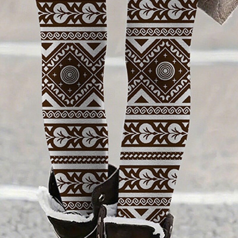 Women's Pants Trousers Leggings Cozy Leggings Casual Boho Full Length High Waist Geometry Elastic Waist Print Breathability Comfortable Stretchy Vacation Street Daily Wear Black Coffee Summer Spring4