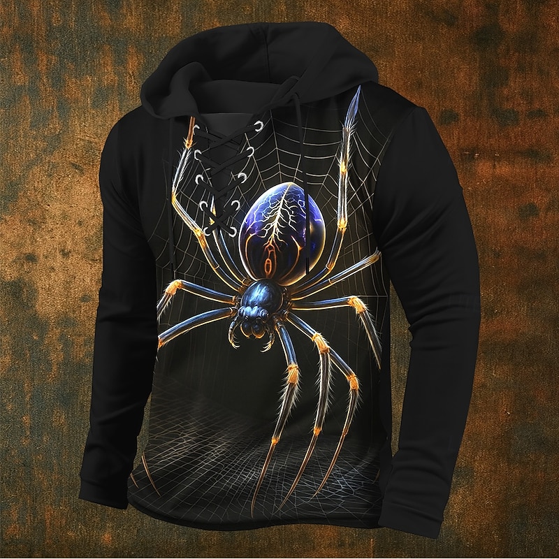 Men's Spider 3D Hoodie Sweatshirt Stylish Vintage Retro Hooded Streetwear Black White Drawstring Fall Winter Designer