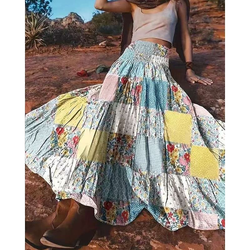 Women's Skirt Swing Casual Boho Maxi Mid Rise Skirts Floral Plaid Patchwork Print Micro-elastic Vacation Street Blue Spring Polyester