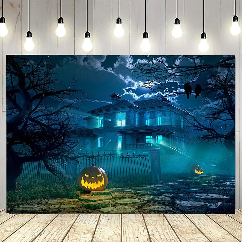 Halloween Photo Backdrop, Large Hanging Tapestry with Night Pumpkin Lantern Pattern, Wall Mural Art for Party Decoration, Photography Background, Bedroom and Living Room Decor3