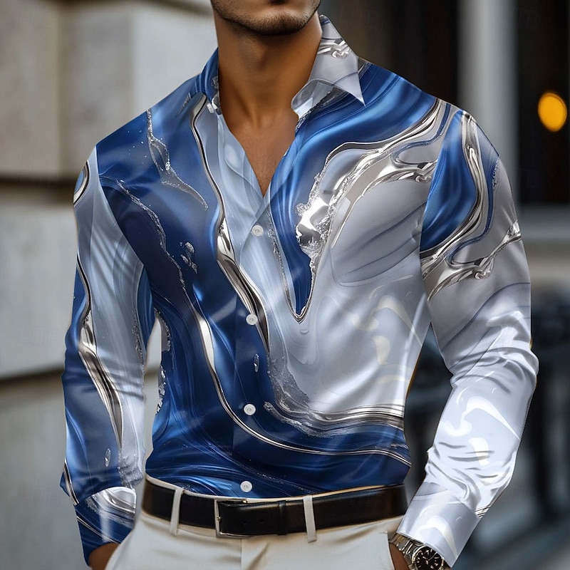 Men's Marble Abstract Liquid Art Shirt Satin Shirt Dress Shirt Long Sleeve Fashion Casual Vacation Dailywear Summer Spring Fall Turndown 3D Print Button Up Shirts Blue green Red Blue Green Gray