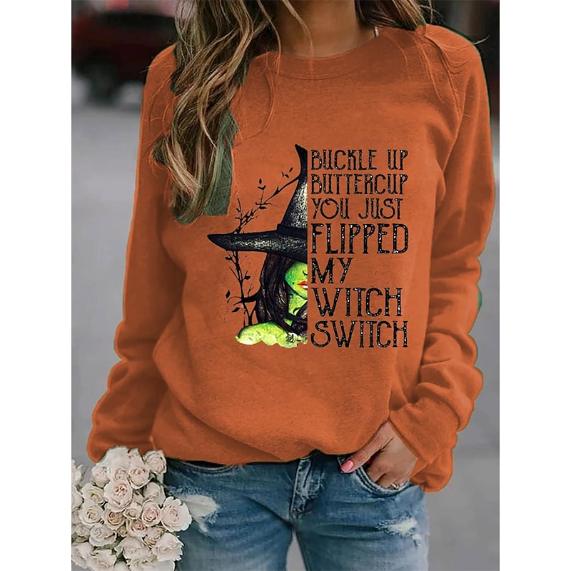 Halloween Women's Sweatshirts Witch Graphic Letter Fashion Casual Long Sleeve Crew Neck Round Neck Regular Tops Street Dailywear Casual Print Purple Orange Green Fall Winter2