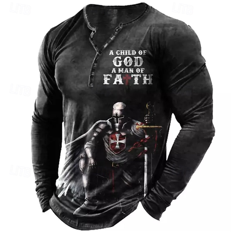 Men's Long Sleeve Henley T-Shirt, A Child of God A Man of Faith Crusader Knight Graphic Tee