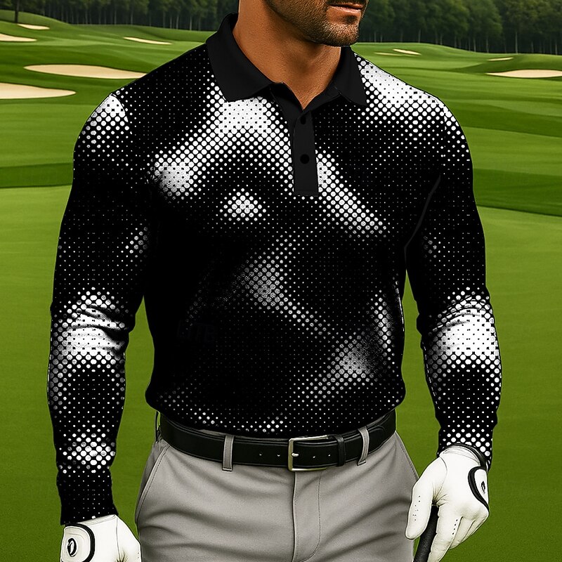 Men's Geometic Golf Polo Long Sleeve Polo Shirts Lapel Casual Athleisure Daily Wear 3D Print Buttons Spring Fall Winter Black White2
