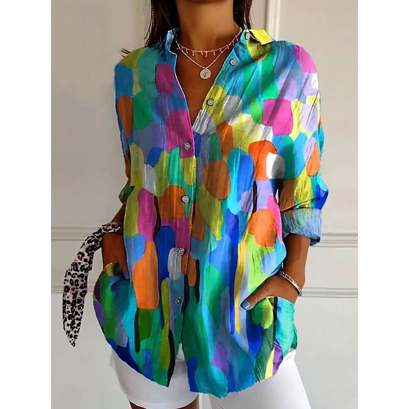 Women's Shirt Graphic Geometric Vintage Daily Casual Long Sleeve Shirt Collar Regular Tops Daily Holiday Print White Yellow Blue Dusty Blue Summer Spring