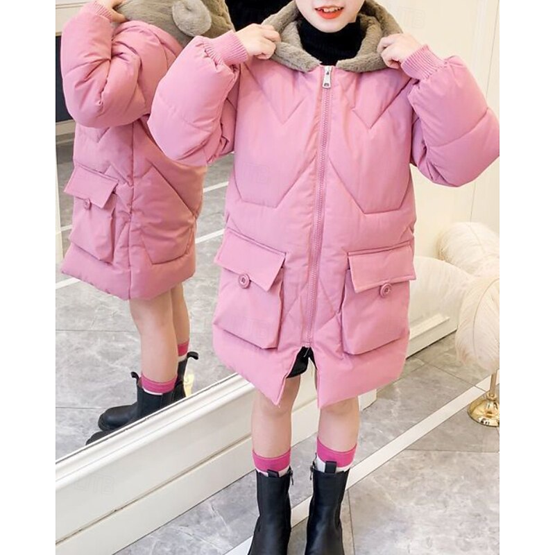 Kids Girls' Down Coat Solid Color Fashion Zipper Pocket School Coat Outerwear 4-12 Years Winter Yellow Pink Red2
