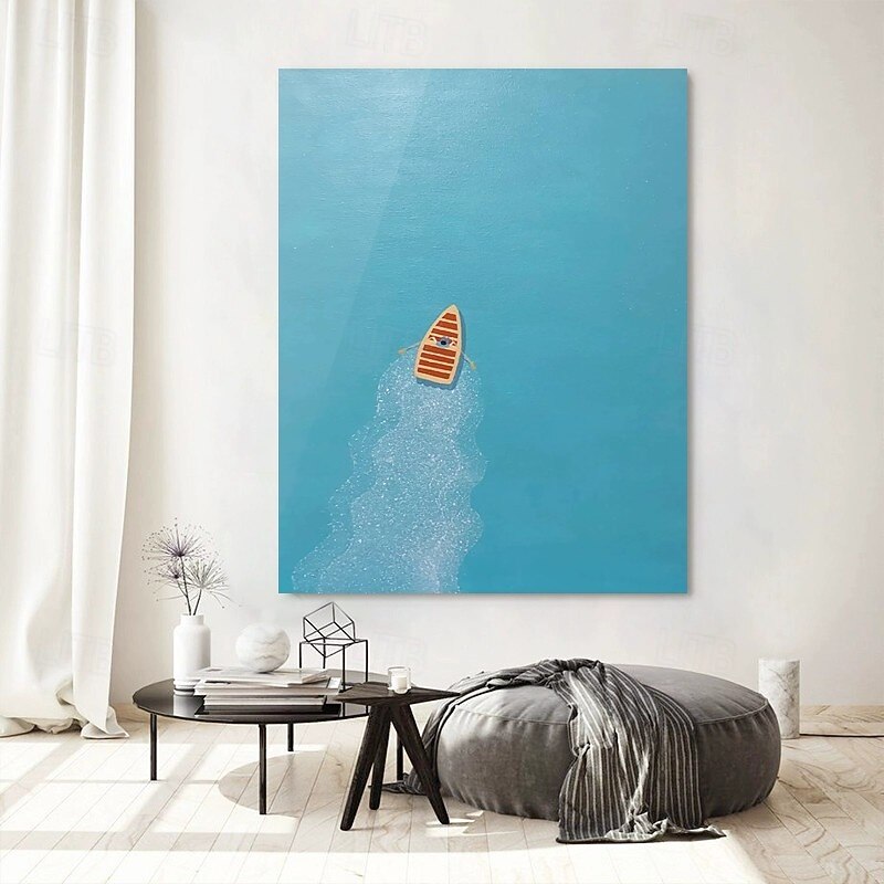 Handmade Oil Painting Canvas Wall Art Decoration Abstract Minority Healing Style Blue Sea Boating Landscape for Home Decor Rolled Frameless Unstretched Painting