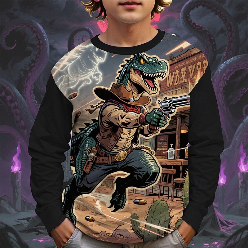 Halloween Boys' 3D Cartoon Dinosaur Ghost T shirt Tee Long Sleeve Spring Fall Fashion Basic Kids 4-12 Years Crew Neck Outdoor Casual Daily Regular Fit2