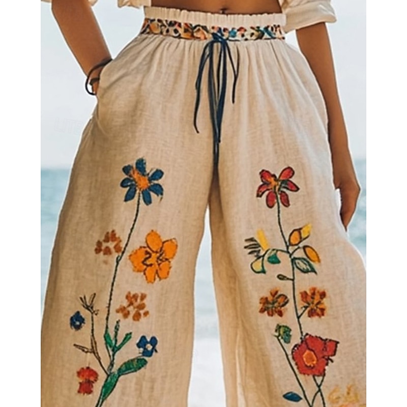 Women's Wide Leg Pants Trousers Palazzo Pants Fashion Boho Full Length High Waist Flower Drawstring Elastic Waist Print Breathability Comfortable Street Daily Wear Going out Khaki Spring Fall Regular2