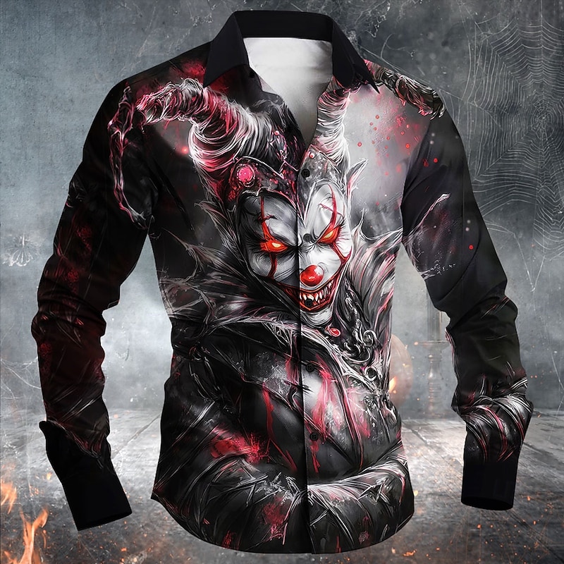 Halloween Men's Clown Blood stains Demon Shirt Button Up Shirt Long Sleeve Dark Punk Gothic Style Outdoor Holiday Summer Spring Turndown 3D Print Collared Shirts Black - Main Image
