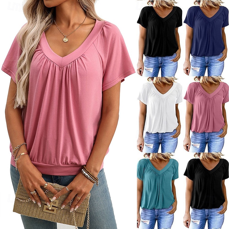 Women's Blouse Solid Color Elegant Daily Ladies Short Sleeve V Neck Regular Tops Work Daily Holiday Ruched Lake Green Black White Pink Navy Blue Summer Spring Fall