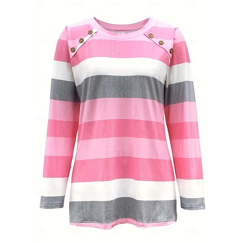 Women's T Shirt Graphic Striped Vintage Stylish Classic Long Sleeve Crew Neck Regular Tops Daily Going out Weekend Buttons Print Pink Spring Fall Winter2
