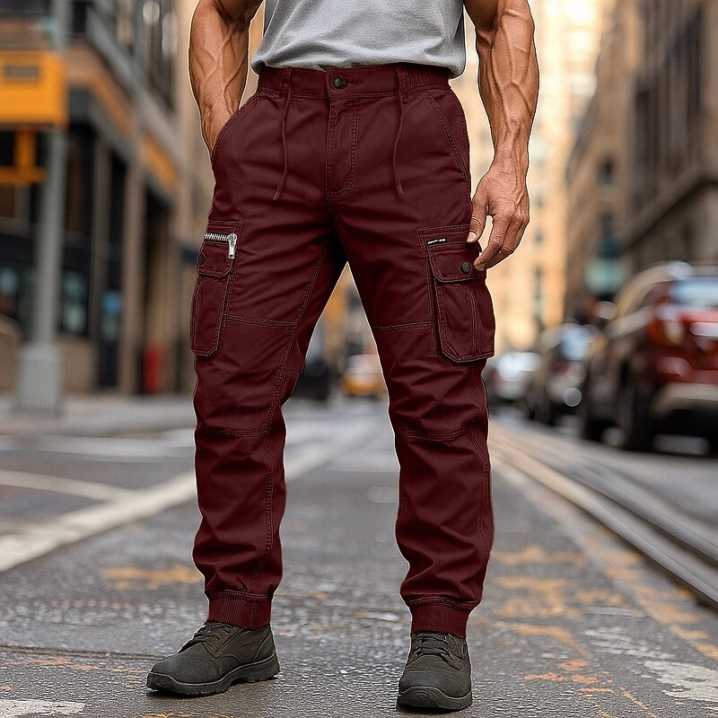 Men's Cargo Pants Cargo Trousers Trousers Drawstring Elastic Waist Multi Pocket Plain Outdoor Breathable Full Length Outdoor Casual Daily Vacation Ethnic Style Wine Royal Blue Inelastic4